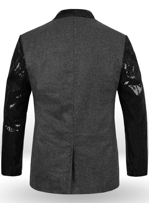 Vintage Plain Dark Gray Tweed Leather Combo Blazer # 652