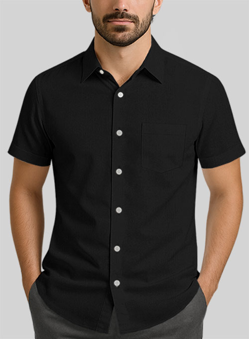 Black Herringbone Cotton Shirt - Half Sleeves