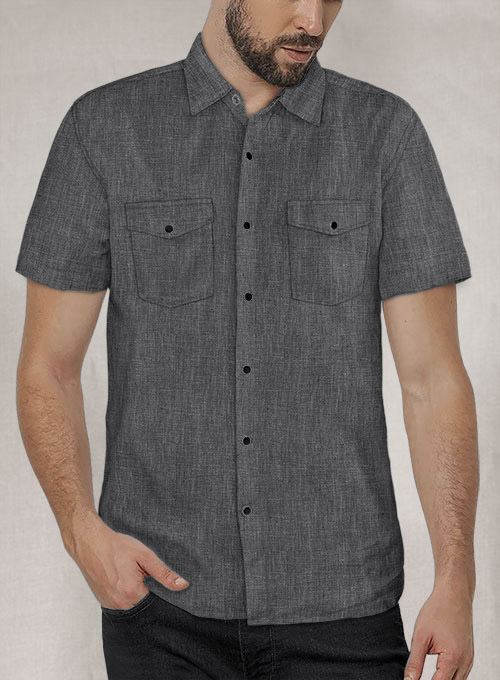 European Anchor Gray Linen Western Style Shirt - Half Sleeves