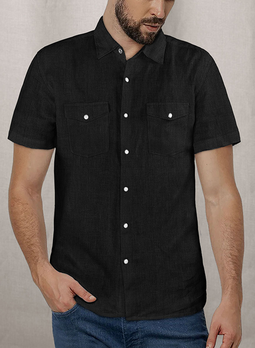 European Black Linen Western Style Shirt - Half Sleeves