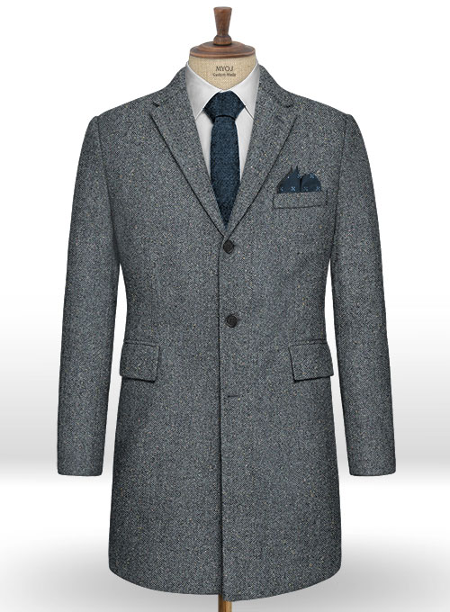 Mid Blue Herringbone Flecks Donegal Tweed Overcoat Mid Blue Herringbone Flecks Donegal Tweed Overcoat