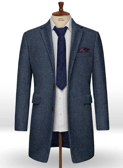 Showman Blue Herringbone Tweed Overcoat - Click Image to Close