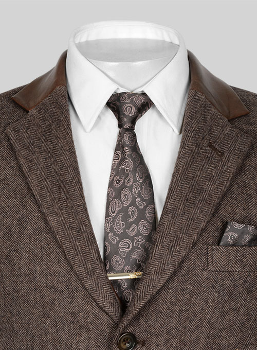 Vintage Dark Brown Herringbone Tweed Jacket - Leather Trims ...