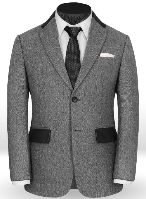 Vintage Herringbone Gray Tweed Suit - Leather Trims - Click Image to Close