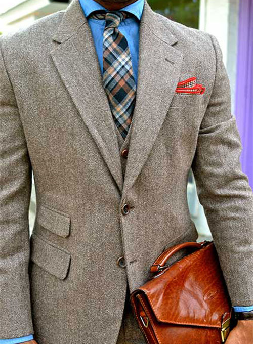 Vintage Dark Brown Herringbone Tweed Suit - Click Image to Close