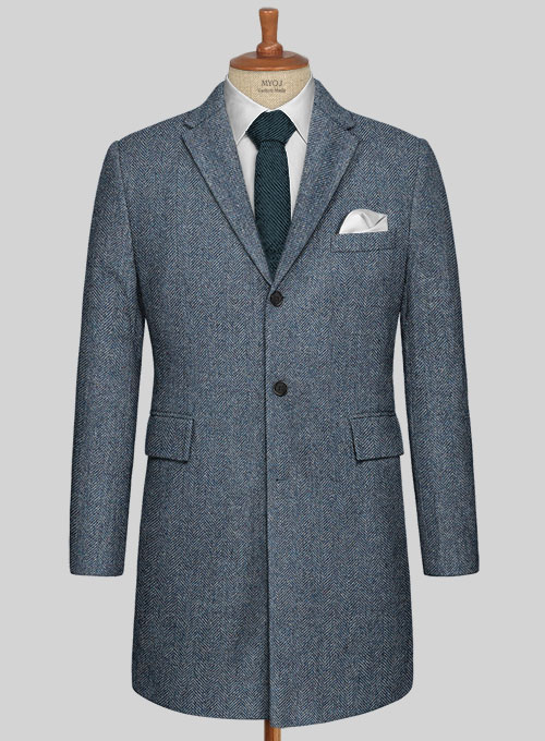 Vintage Herringbone Blue Tweed Overcoat
