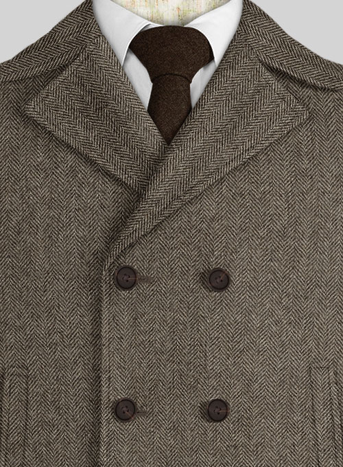 Vintage Dark Brown Herringbone Tweed Pea Coat - Click Image to Close